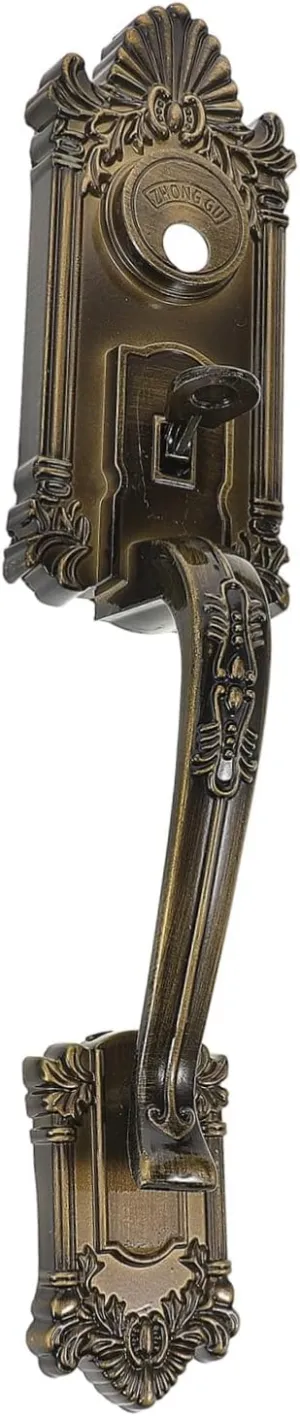 1 Set Vintage Door Lock with Arch Shaped Metal Handle Antique Durable Front Door Security Easy Press Locking Mechanism for Home Entrances