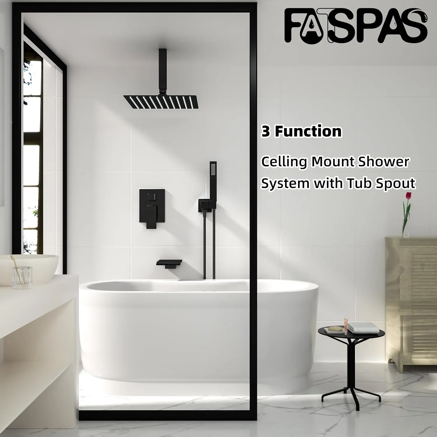 10 Inch Ceiling Mount Shower System with Tub Spout, 10 Inch Shower Faucet Set with Rain Shower Head High Pressure Handheld Spray Rough-in Valve and Shower Trim Included, Matte Black