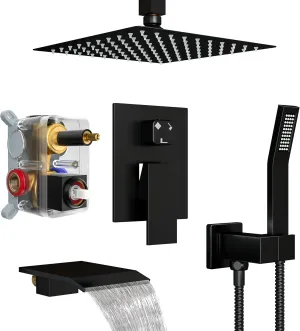 10 Inch Ceiling Mount Shower System with Tub Spout, 10 Inch Shower Faucet Set with Rain Shower Head High Pressure Handheld Spray Rough-in Valve and Shower Trim Included, Matte Black