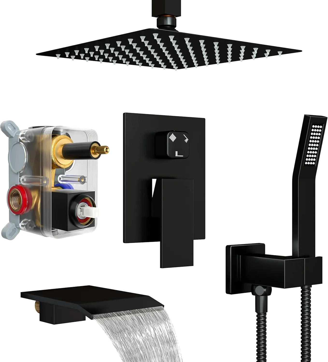 10 Inch Ceiling Mount Shower System with Tub Spout, 10 Inch Shower Faucet Set with Rain Shower Head High Pressure Handheld Spray Rough-in Valve and Shower Trim Included, Matte Black