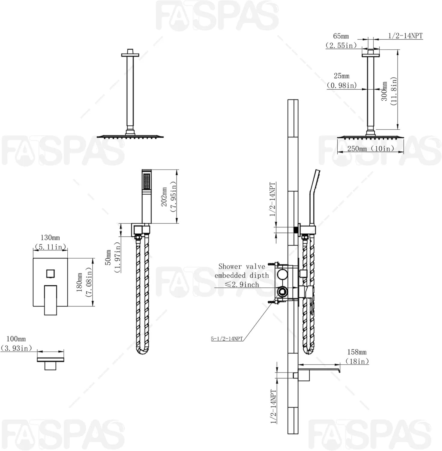 10 Inch Ceiling Mount Shower System with Tub Spout, 10 Inch Shower Faucet Set with Rain Shower Head High Pressure Handheld Spray Rough-in Valve and Shower Trim Included, Matte Black