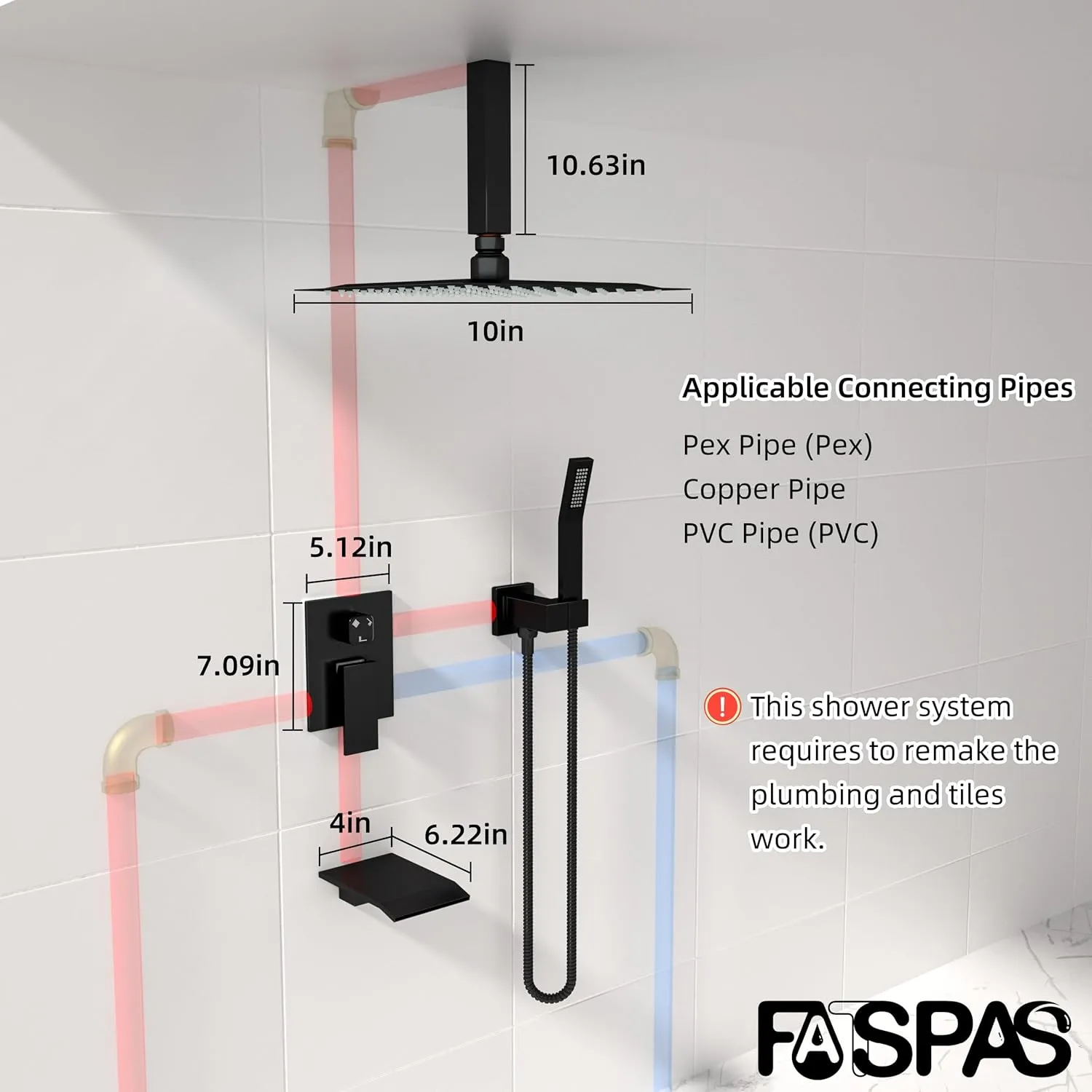 10 Inch Ceiling Mount Shower System with Tub Spout, 10 Inch Shower Faucet Set with Rain Shower Head High Pressure Handheld Spray Rough-in Valve and Shower Trim Included, Matte Black