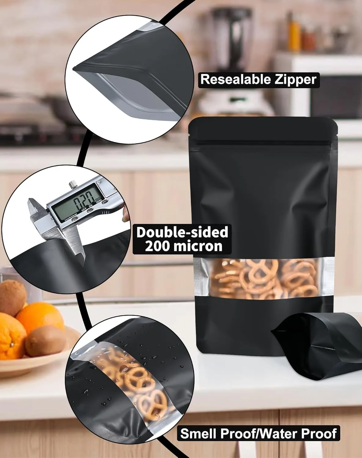 100 Pack Smell Proof Bags 4.7" x 7.9", Resealable Bags with Matte Window, Foil Pouch Stand Up Sealable Bags for Packaging（Black）