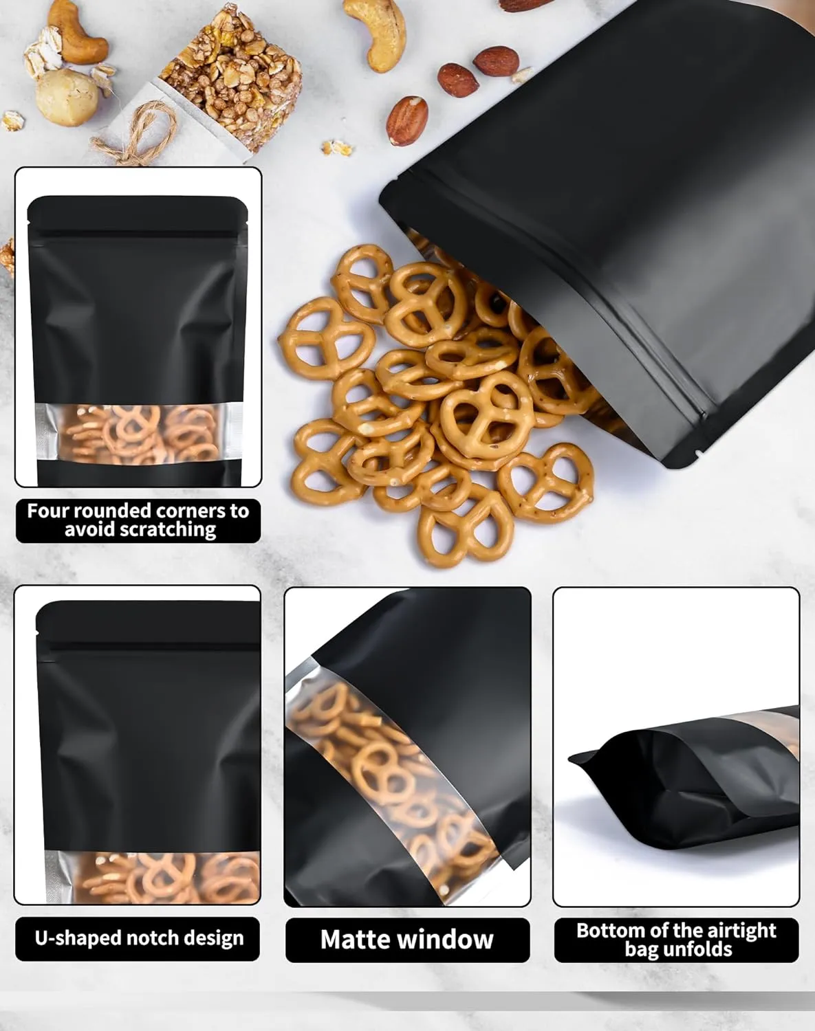 100 Pack Smell Proof Bags 4.7" x 7.9", Resealable Bags with Matte Window, Foil Pouch Stand Up Sealable Bags for Packaging（Black）
