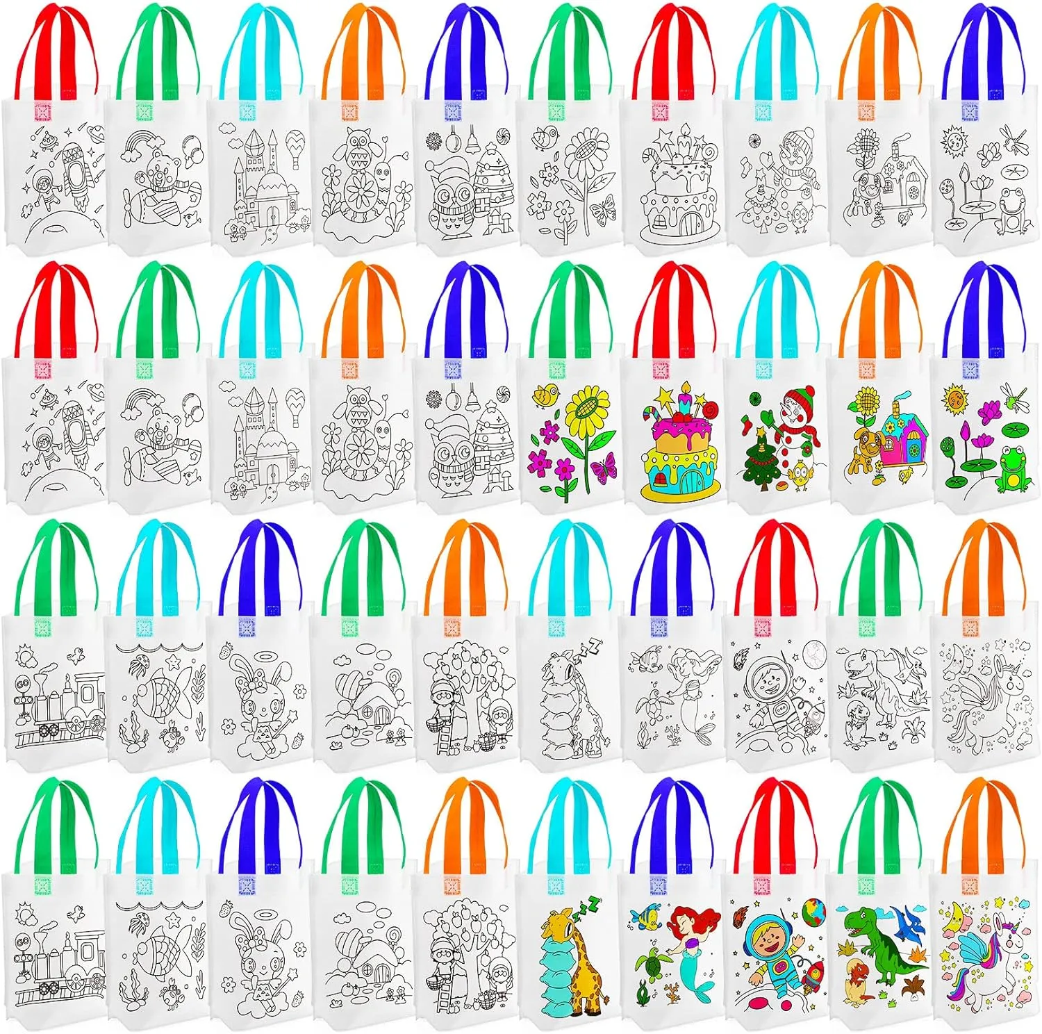 100 Pcs Coloring Goodie Bags Cute Cartoon Reusable Party Favor Paint Non Woven Goodie Bags for Kids Birthday Party Art DIY Crafts Supplies, 20 Styles
