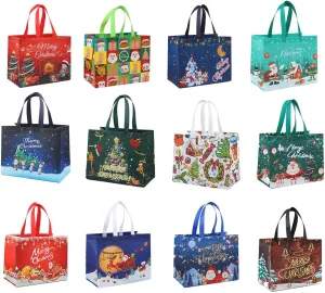 12 Pcs Reusable Christmas Tote Bags, Large Non-Woven, Christmas Shopping Bags with Handle and 20 Pcs Stickers, 12.8"×9.8"×6.7"
