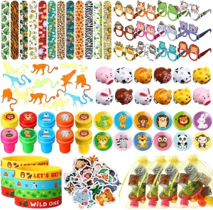 146 Pieces Jungle Safari Party Favors Wild Animals Birthday Party Gifts Set Clap Bracelets Silicone Wristbands Stickers Glasses Pull Back Car Stampers Stretchy Sticky Animals Badges Gift Bags