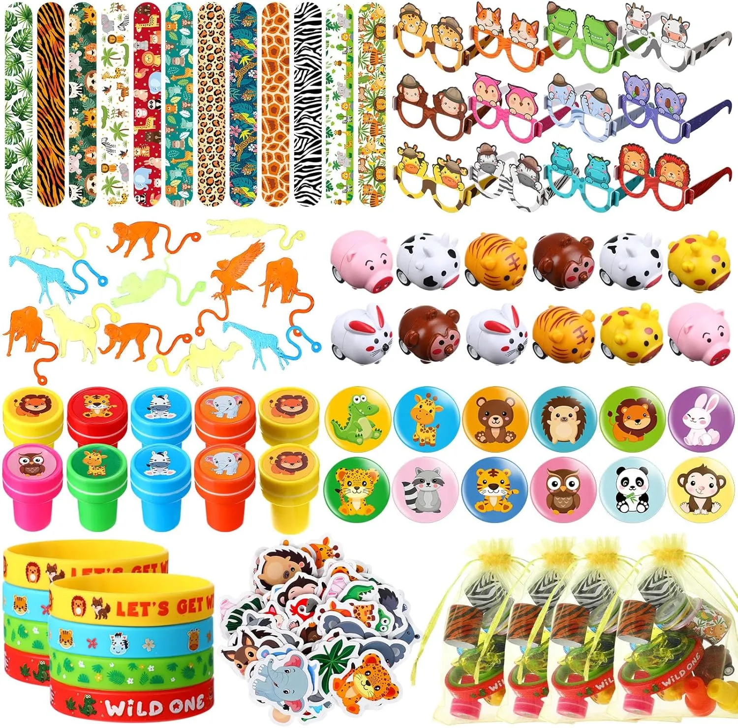 146 Pieces Jungle Safari Party Favors Wild Animals Birthday Party Gifts Set Clap Bracelets Silicone Wristbands Stickers Glasses Pull Back Car Stampers Stretchy Sticky Animals Badges Gift Bags