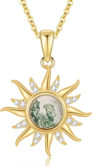 14K Gold Sun Necklace for Women Solid Yellow Gold Moss Agate D Color VVS Clarity Moissanite Necklace, Sun Pendant Jewelry Gift for Her 16 1 1 Inch