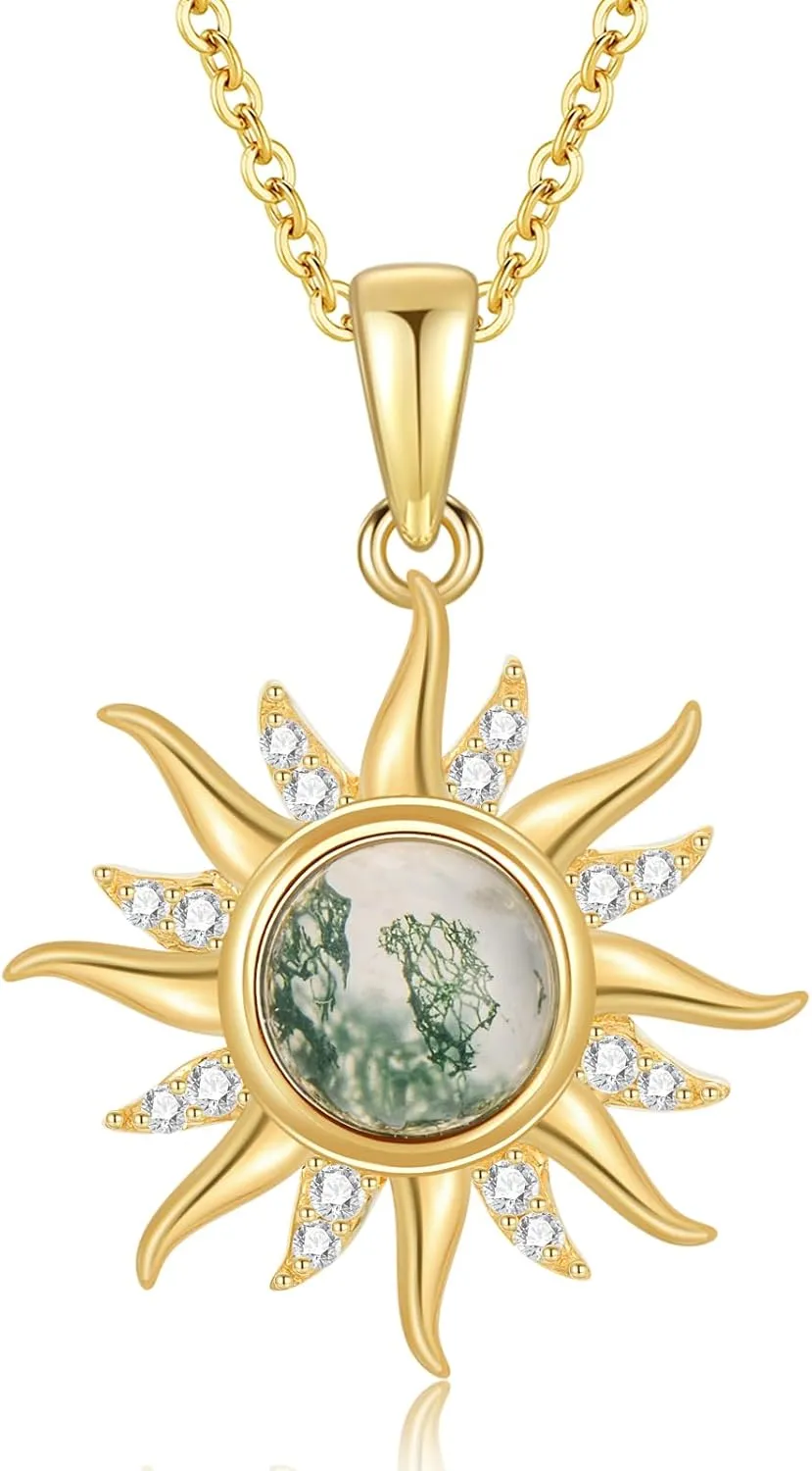 14K Gold Sun Necklace for Women Solid Yellow Gold Moss Agate D Color VVS Clarity Moissanite Necklace, Sun Pendant Jewelry Gift for Her 16 1 1 Inch