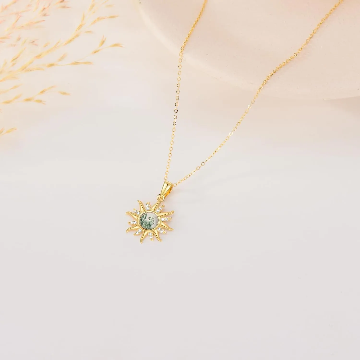 14K Gold Sun Necklace for Women Solid Yellow Gold Moss Agate D Color VVS Clarity Moissanite Necklace, Sun Pendant Jewelry Gift for Her 16 1 1 Inch