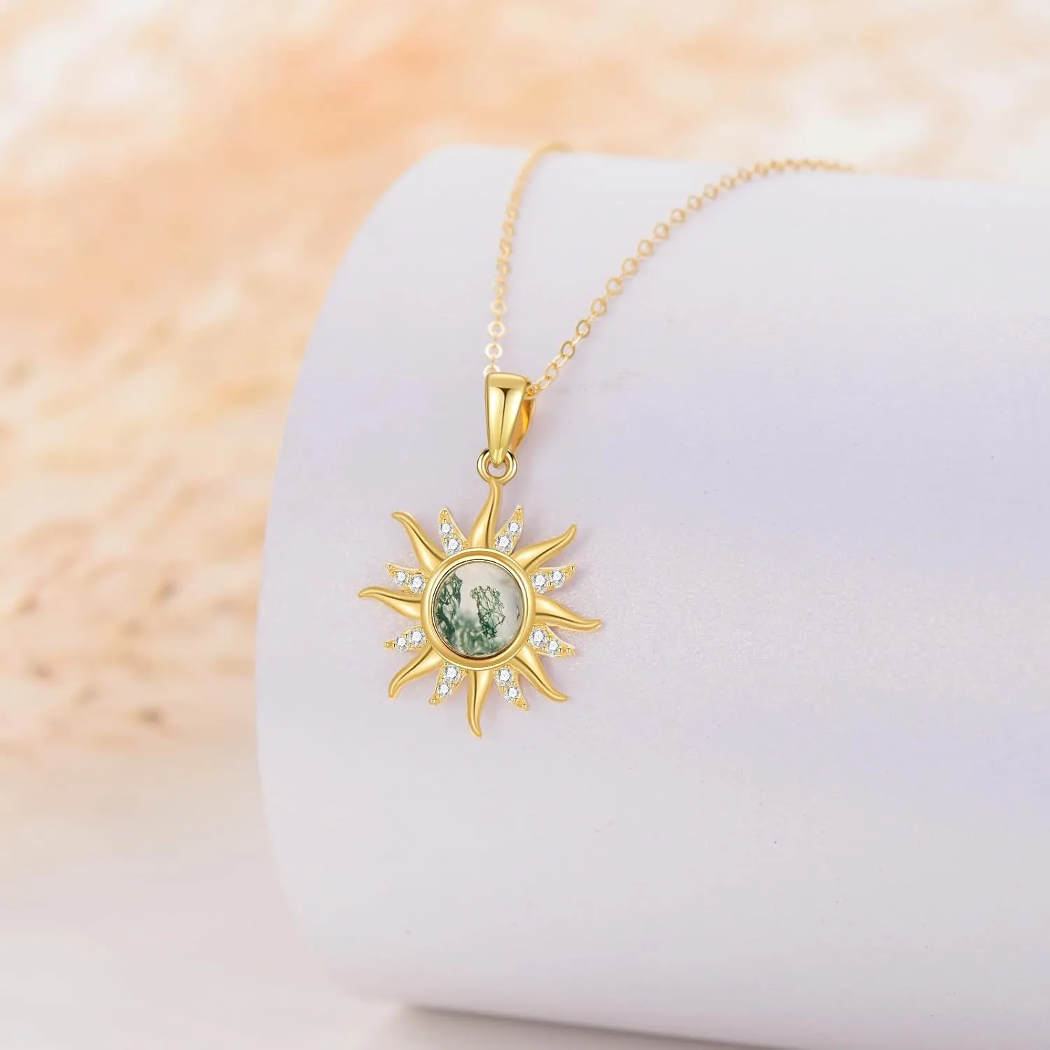 14K Gold Sun Necklace for Women Solid Yellow Gold Moss Agate D Color VVS Clarity Moissanite Necklace, Sun Pendant Jewelry Gift for Her 16 1 1 Inch