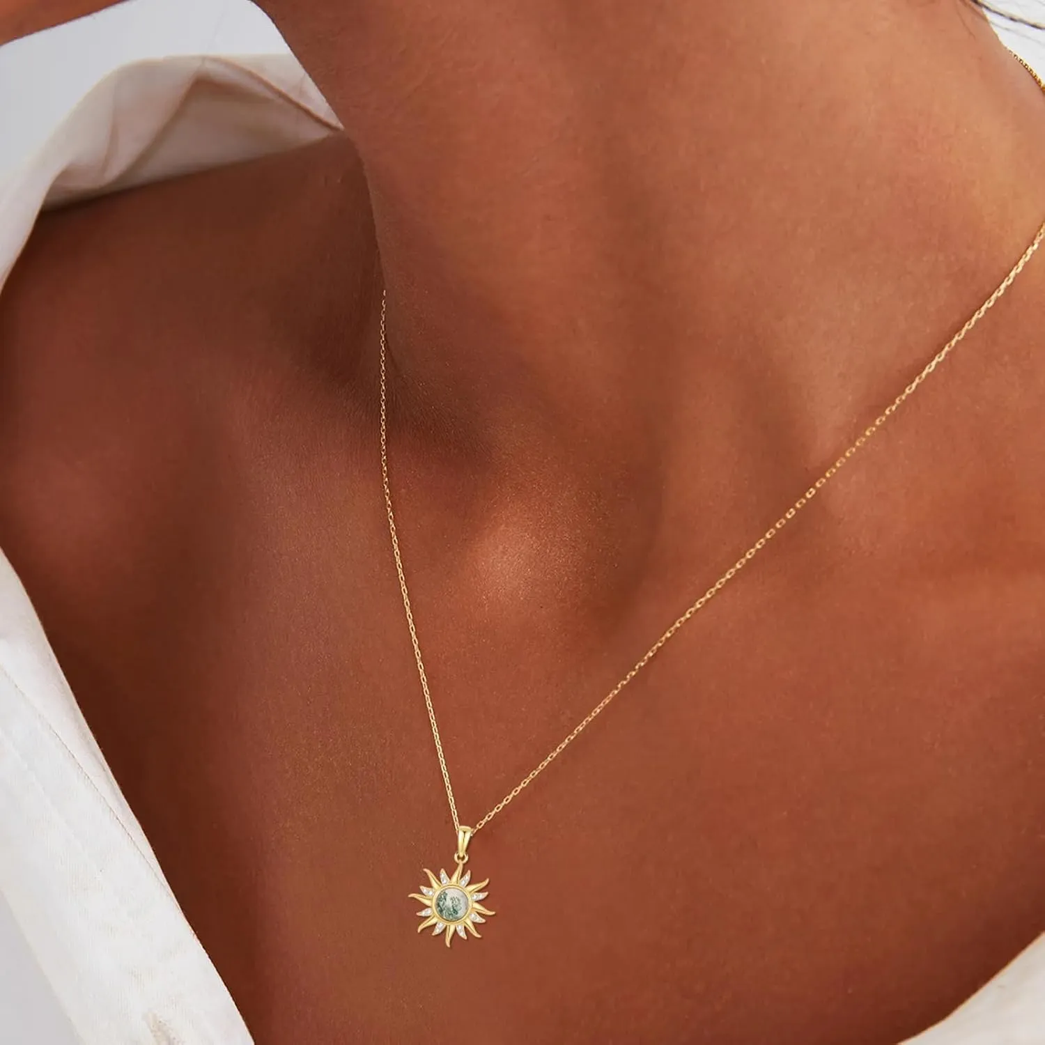 14K Gold Sun Necklace for Women Solid Yellow Gold Moss Agate D Color VVS Clarity Moissanite Necklace, Sun Pendant Jewelry Gift for Her 16 1 1 Inch
