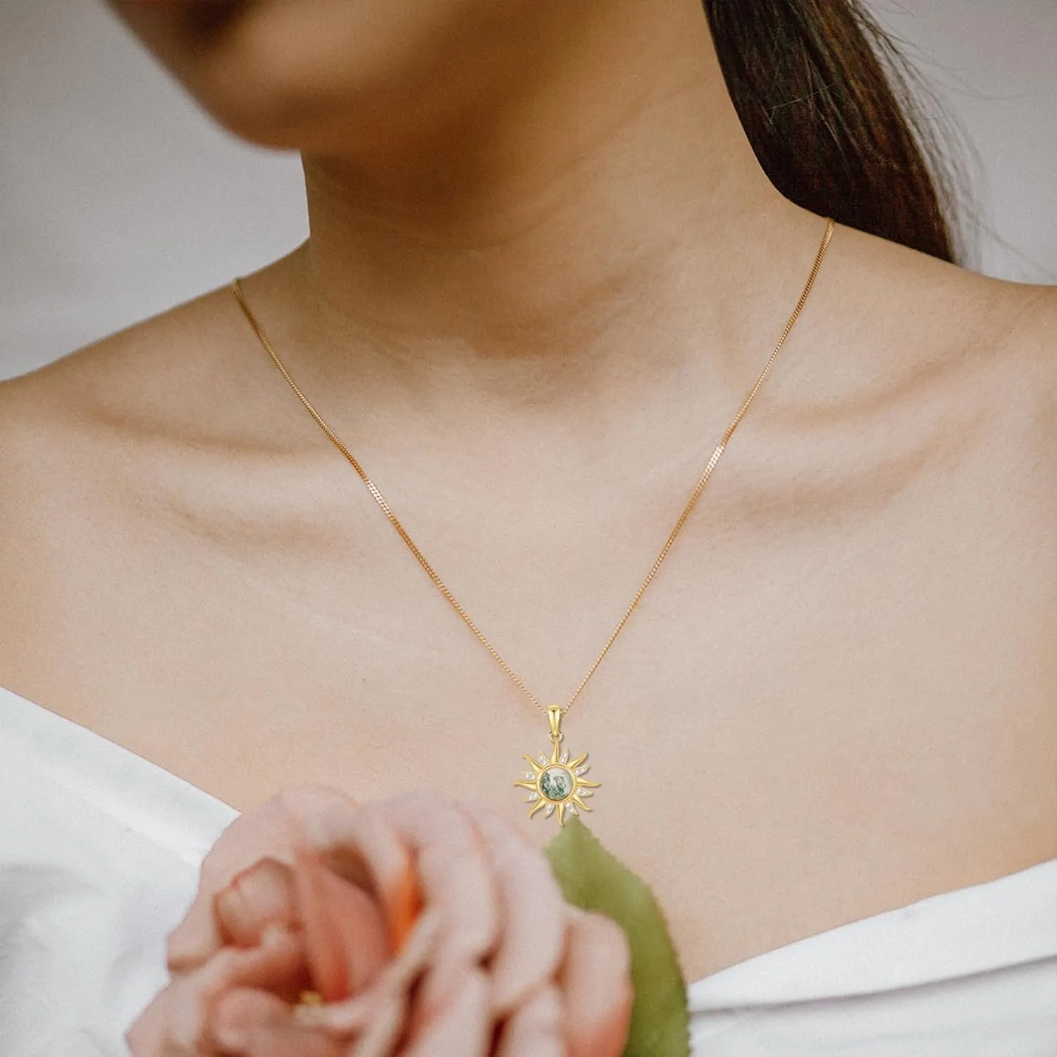 14K Gold Sun Necklace for Women Solid Yellow Gold Moss Agate D Color VVS Clarity Moissanite Necklace, Sun Pendant Jewelry Gift for Her 16 1 1 Inch