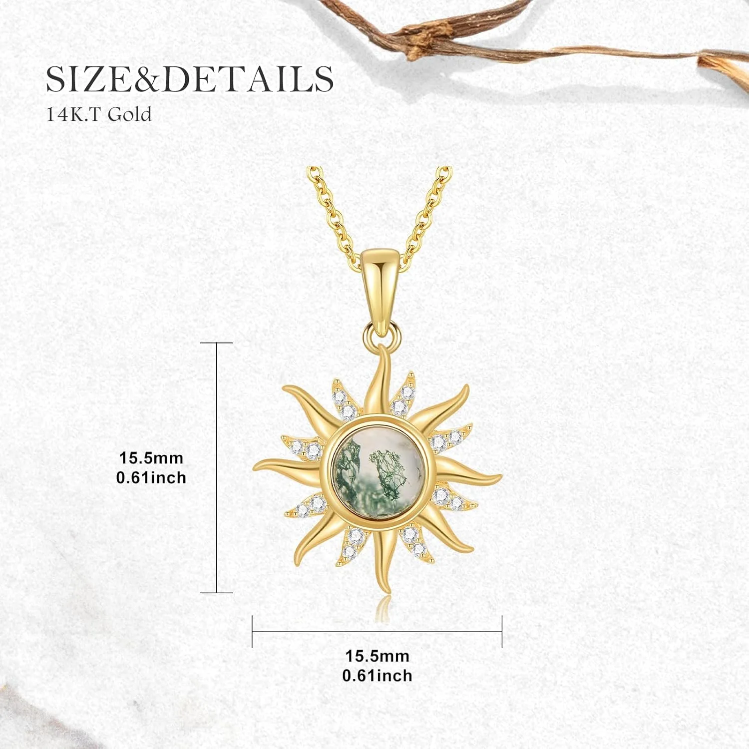 14K Gold Sun Necklace for Women Solid Yellow Gold Moss Agate D Color VVS Clarity Moissanite Necklace, Sun Pendant Jewelry Gift for Her 16 1 1 Inch