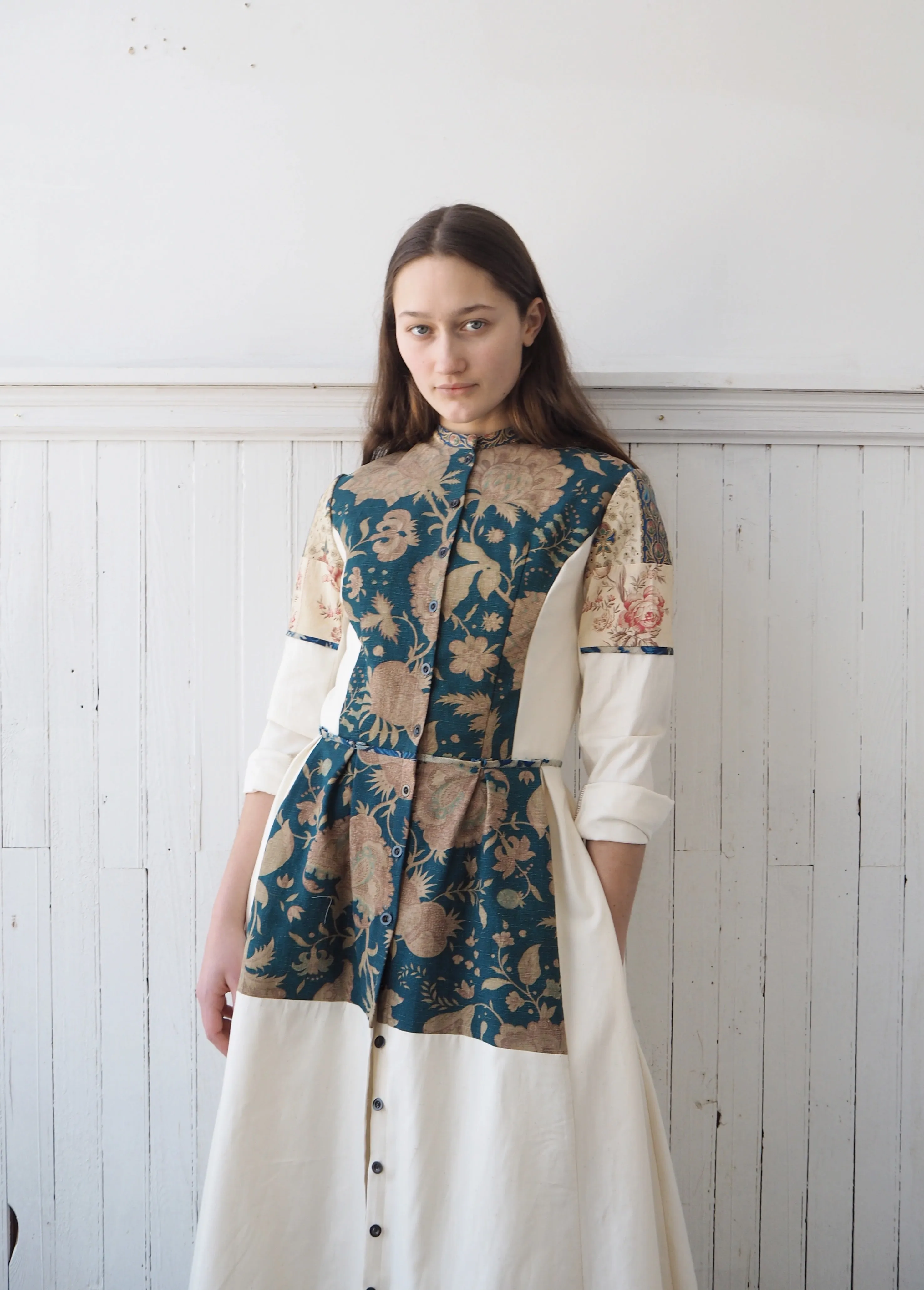 19th century faded turquoise indienne patched shirt dress size 6