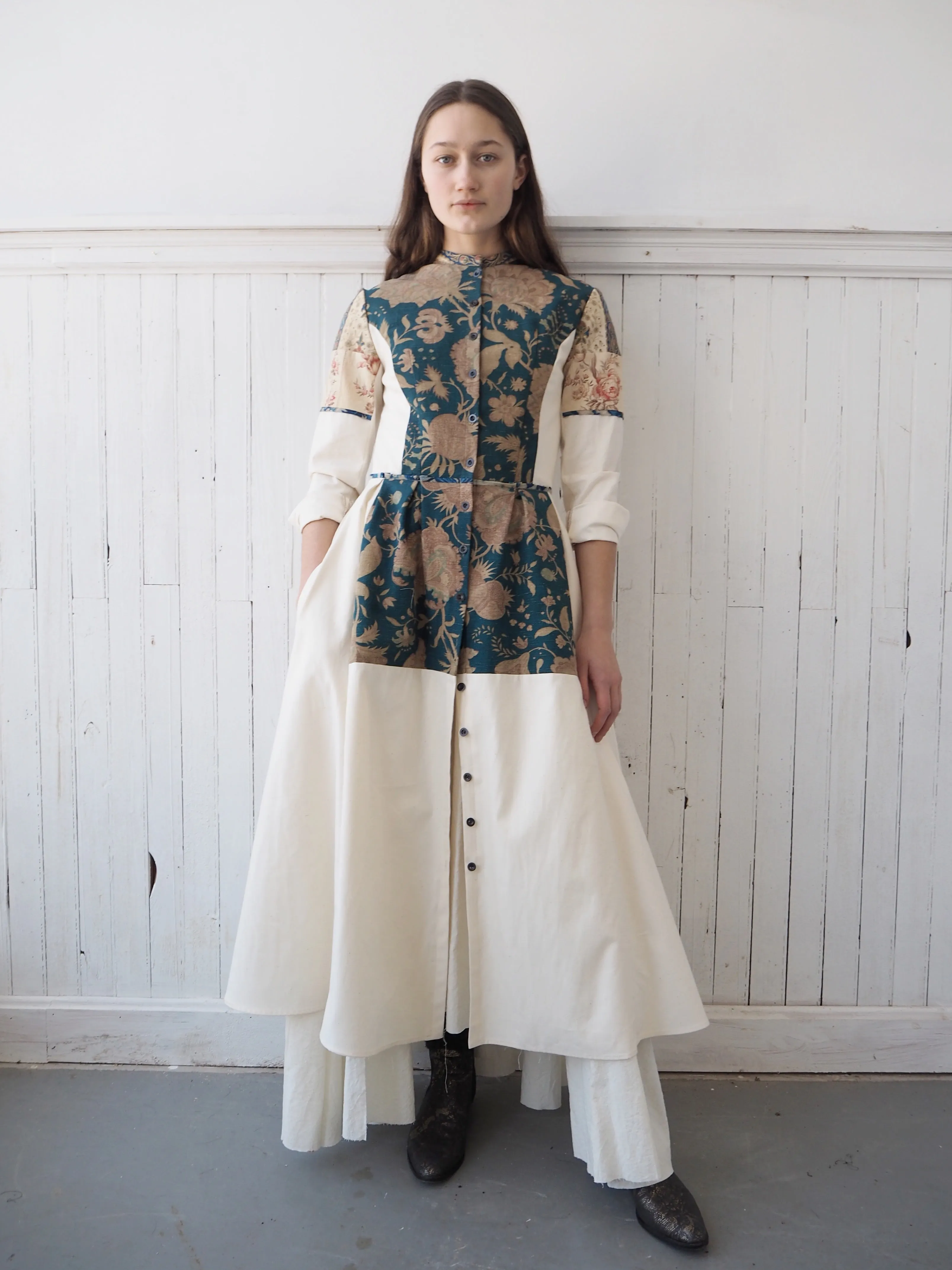 19th century faded turquoise indienne patched shirt dress size 6