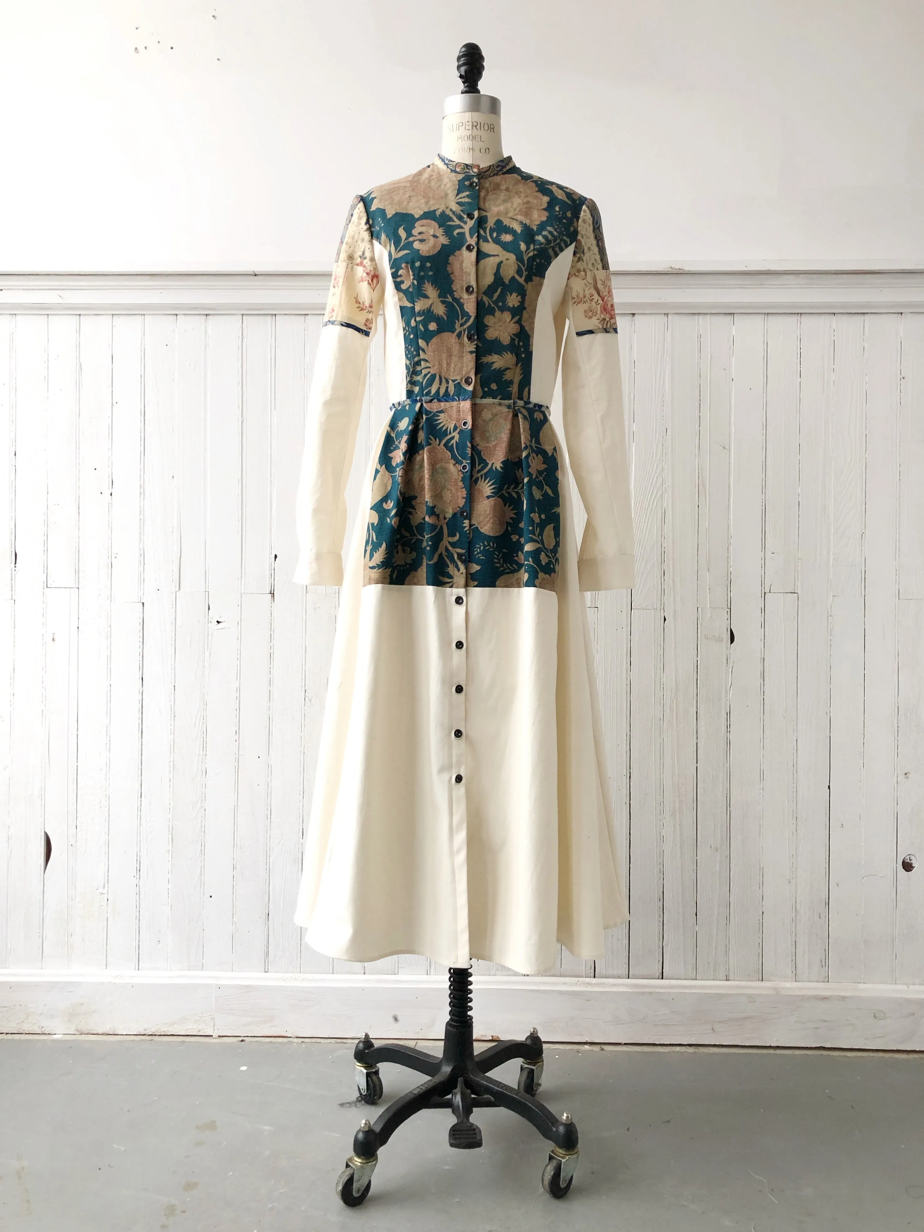 19th century faded turquoise indienne patched shirt dress size 6