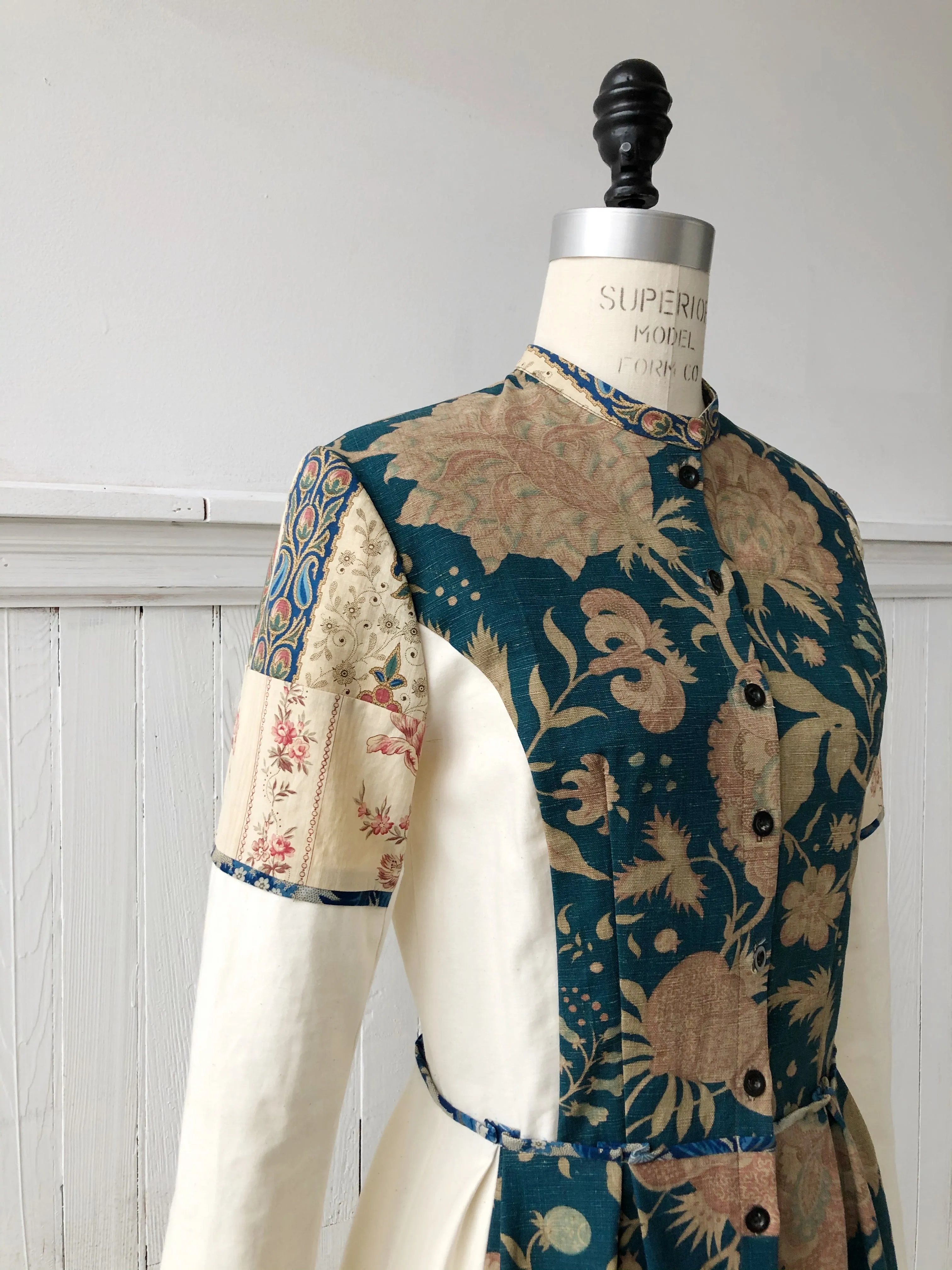 19th century faded turquoise indienne patched shirt dress size 6
