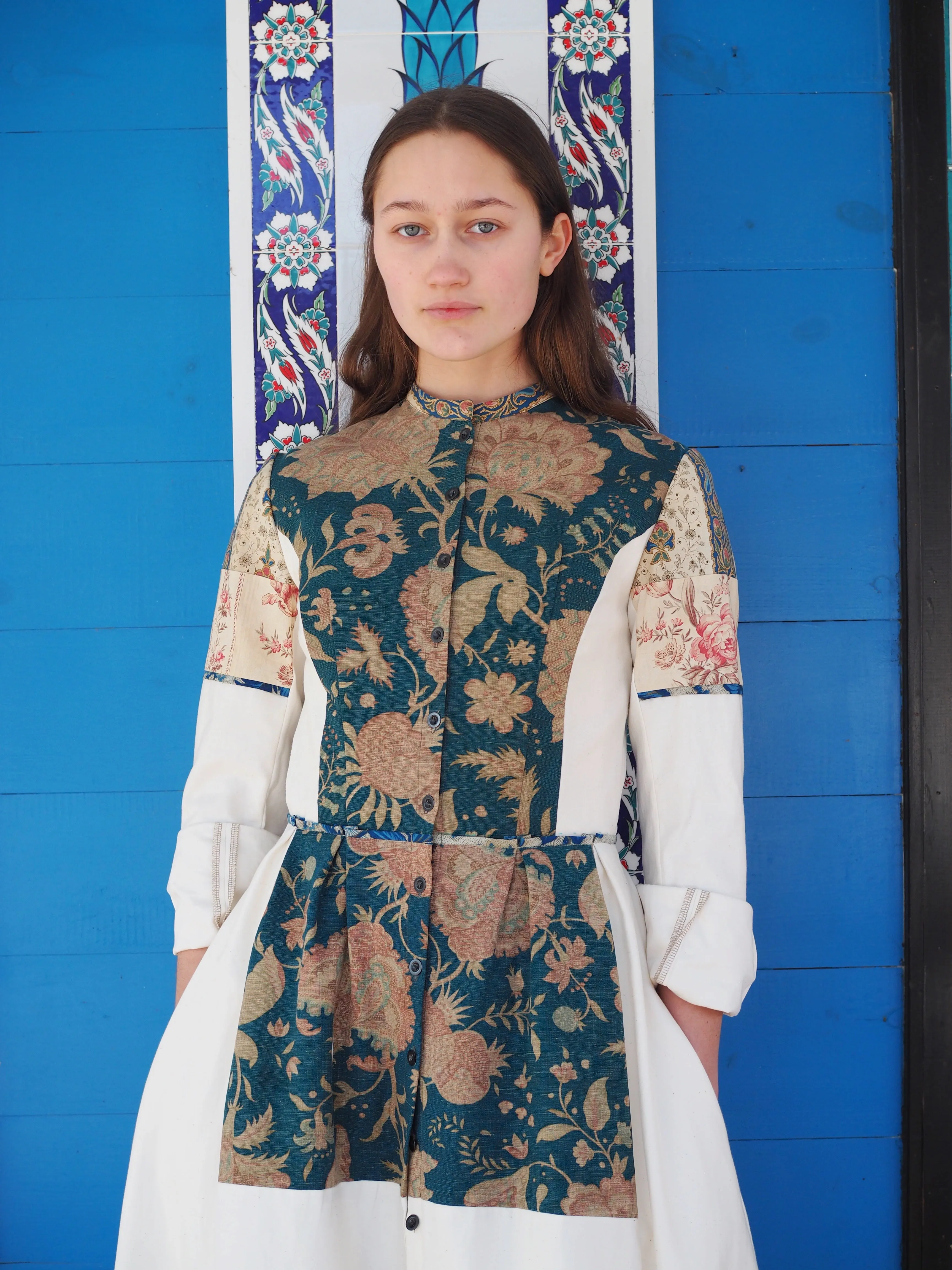 19th century faded turquoise indienne patched shirt dress size 6