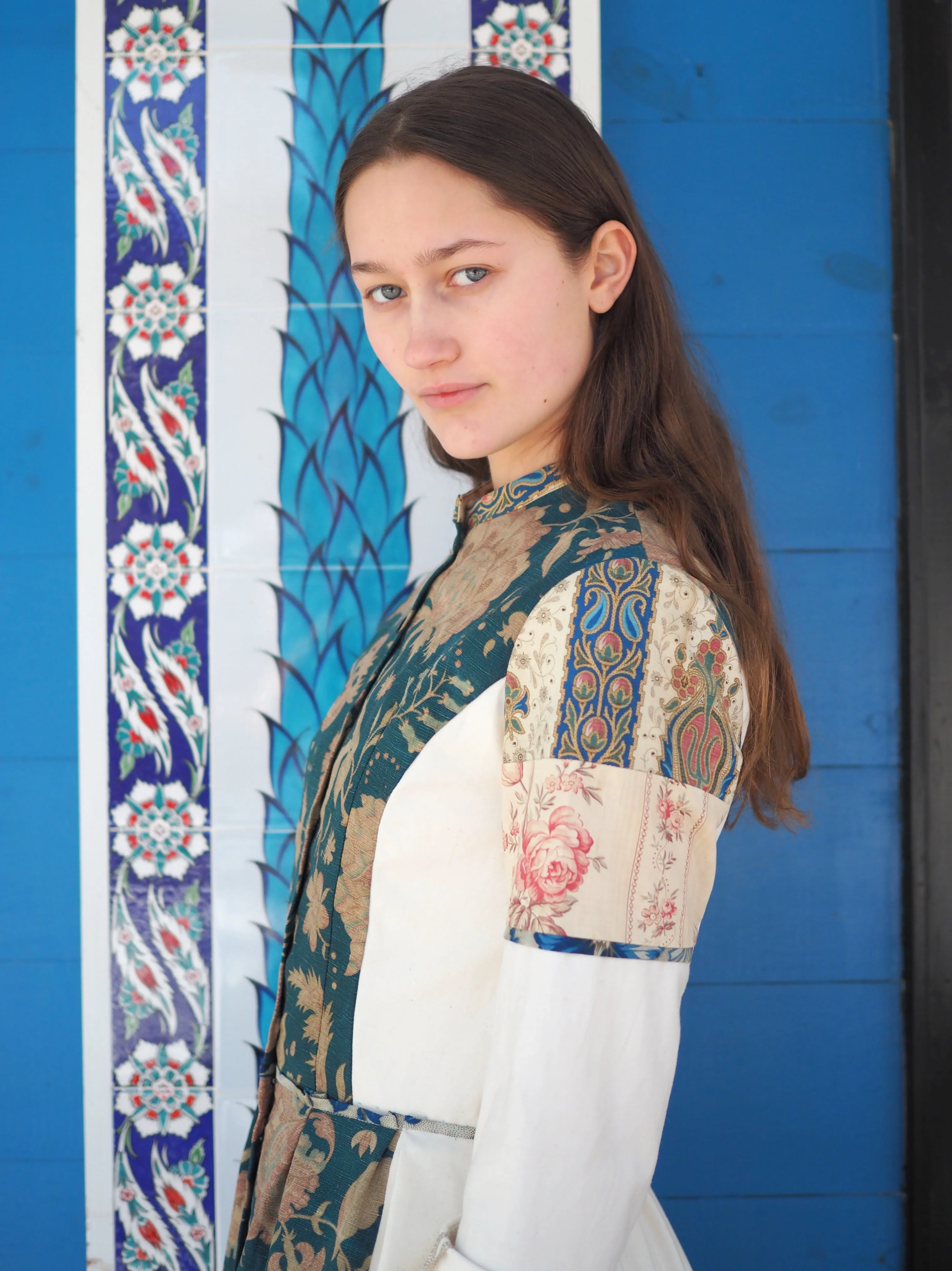 19th century faded turquoise indienne patched shirt dress size 6