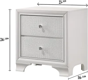 1pc Modern Crisp White Finish Two Drawer Nightstand Embossed Crocodile Pattern