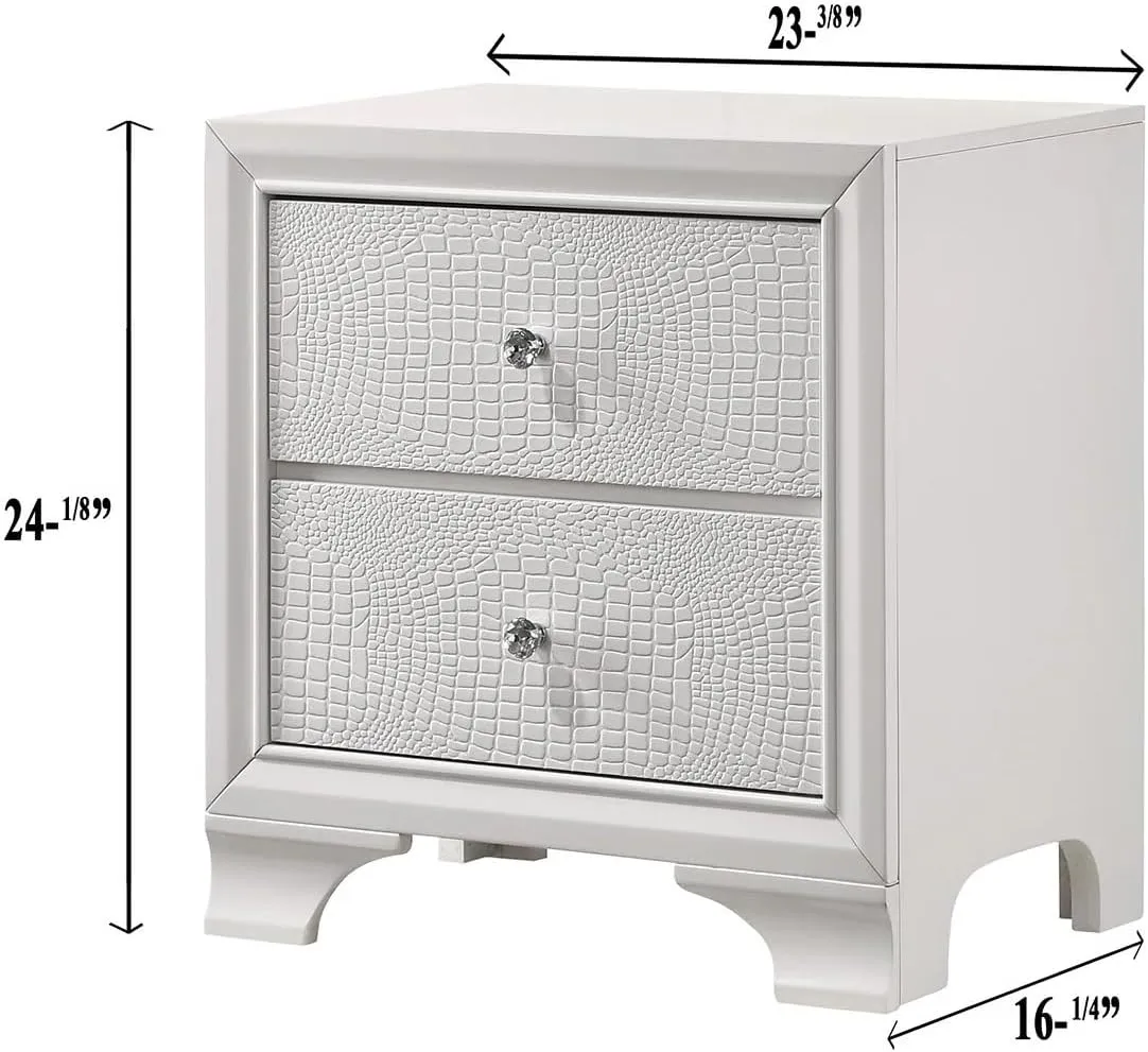 1pc Modern Crisp White Finish Two Drawer Nightstand Embossed Crocodile Pattern