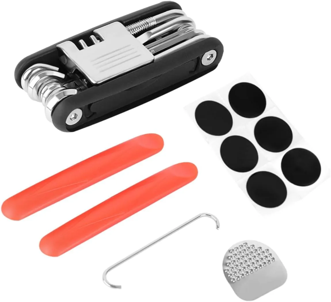 1Set Multi Function Bicycle Repair Tool Kit with Chain Cutter Screwdriver Wrench Tire Pry Bar for Cycling Maintenance and Emergency Repairs Red