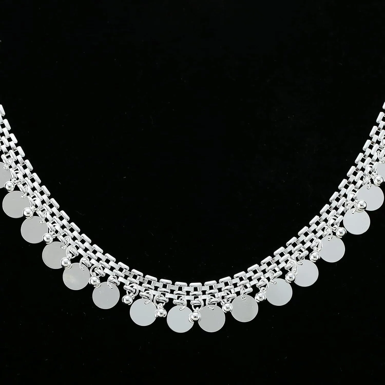 2 Yard Metal Watch Chain Flat Round Disc Pendants with Tassel Beaded Trim for Wedding Decor DIY Accessories Crafts Sewing (Silver)