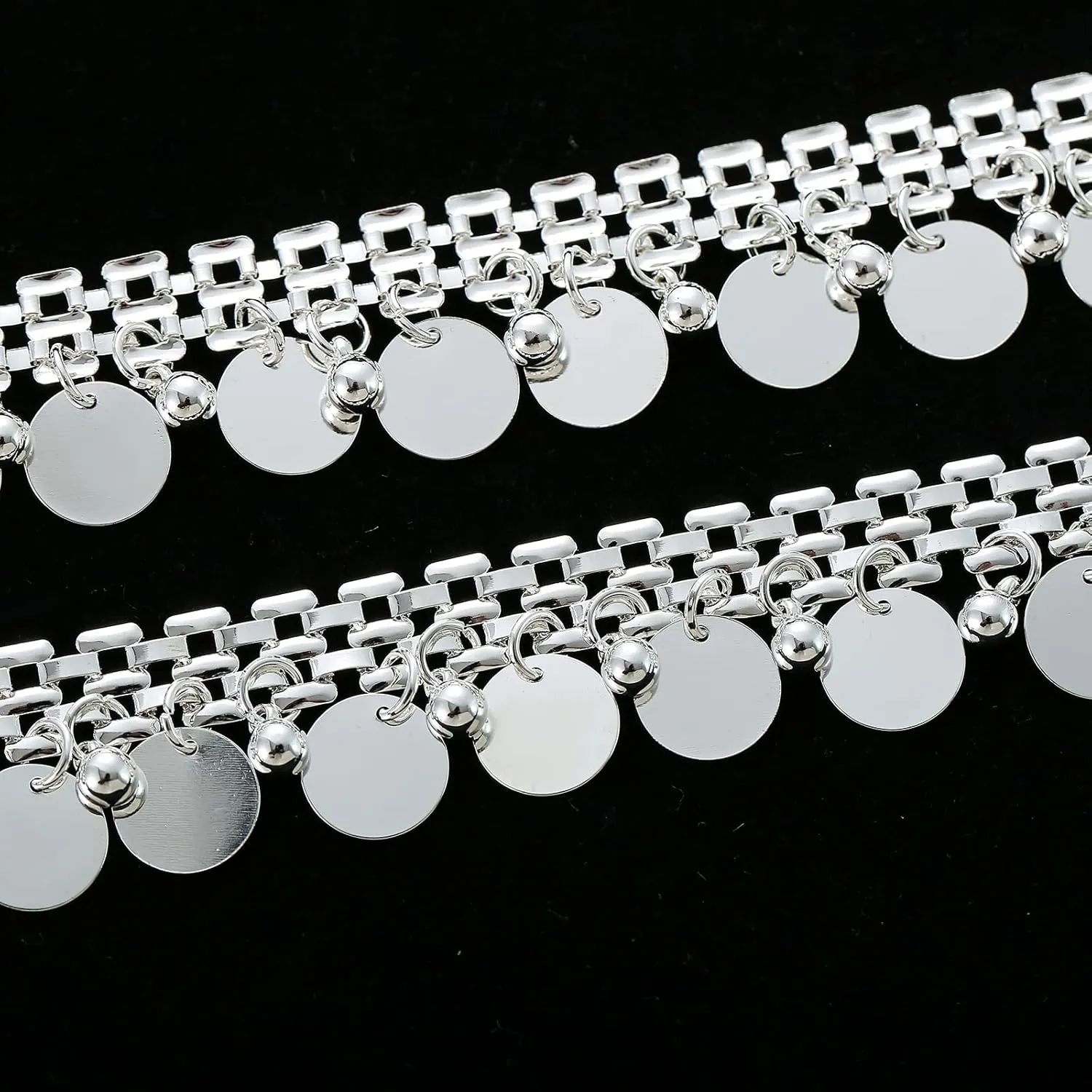 2 Yard Metal Watch Chain Flat Round Disc Pendants with Tassel Beaded Trim for Wedding Decor DIY Accessories Crafts Sewing (Silver)