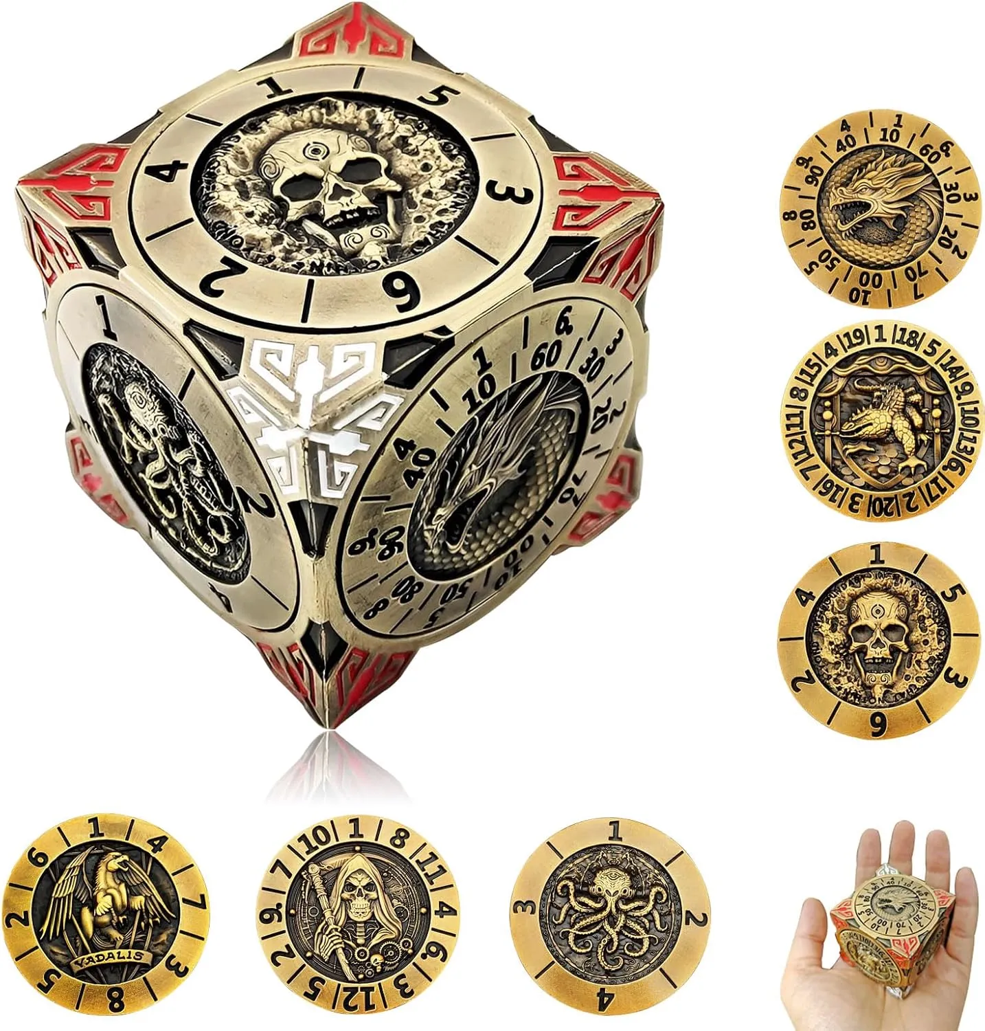 2025 New DND Spinner Dice, 7-in-1 Metal Dice Set with 3D Relief for Dungeons and Dragons Gifts, Polyhedral Roleplaying Game Dice, Fantasy D&D Tabletop RPG Accessories for DM & Player (Bronze)