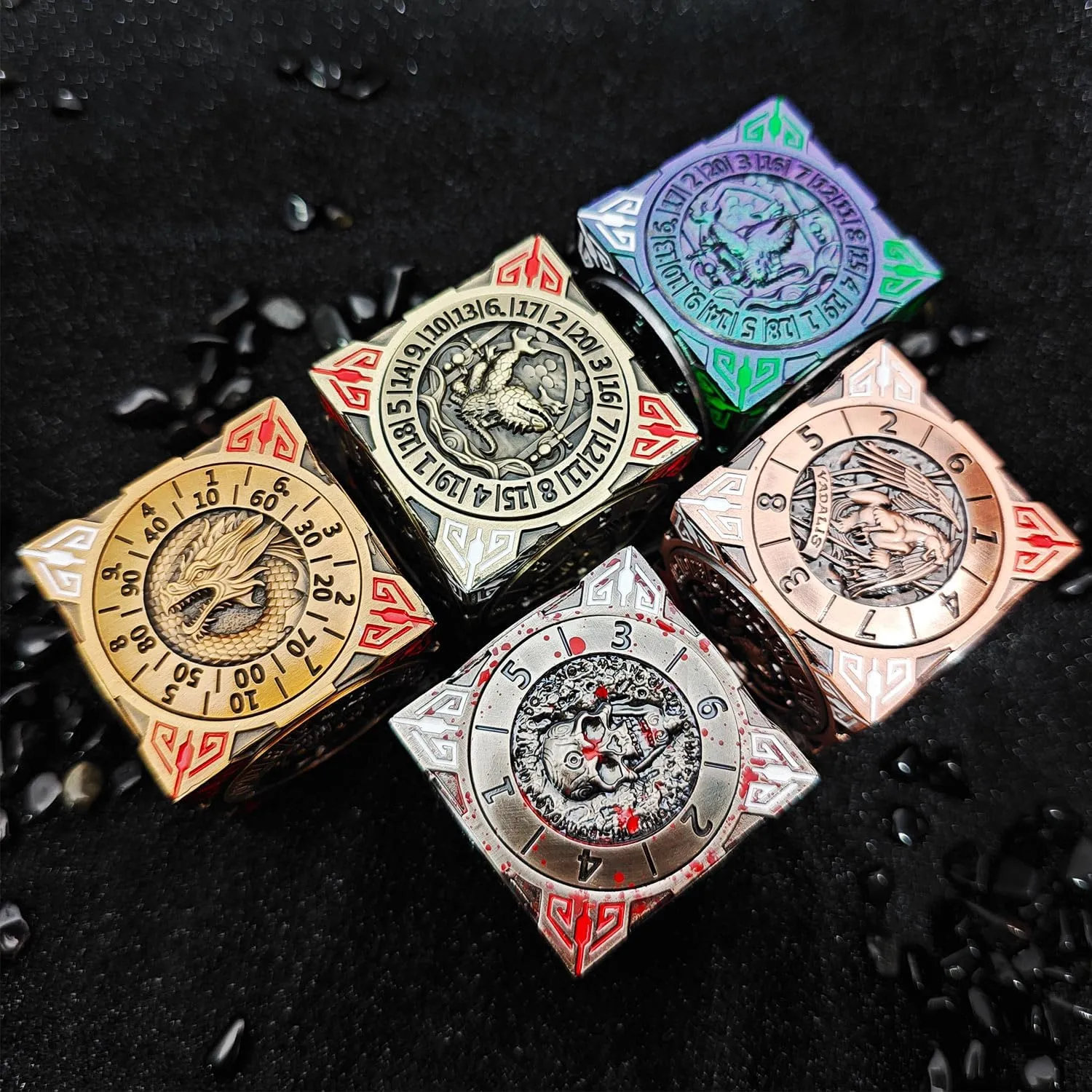 2025 New DND Spinner Dice, 7-in-1 Metal Dice Set with 3D Relief for Dungeons and Dragons Gifts, Polyhedral Roleplaying Game Dice, Fantasy D&D Tabletop RPG Accessories for DM & Player (Bronze)