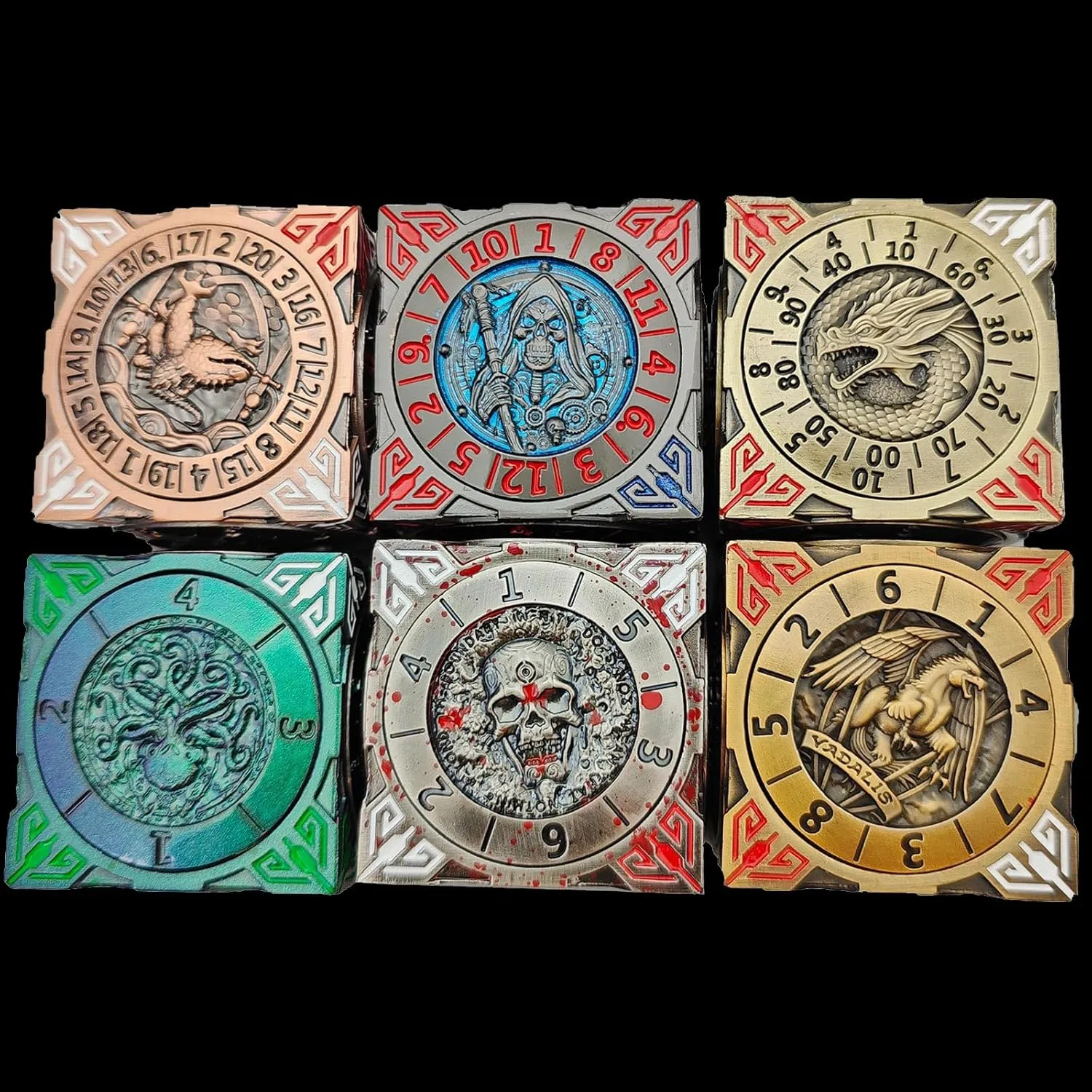 2025 New DND Spinner Dice, 7-in-1 Metal Dice Set with 3D Relief for Dungeons and Dragons Gifts, Polyhedral Roleplaying Game Dice, Fantasy D&D Tabletop RPG Accessories for DM & Player (Bronze)
