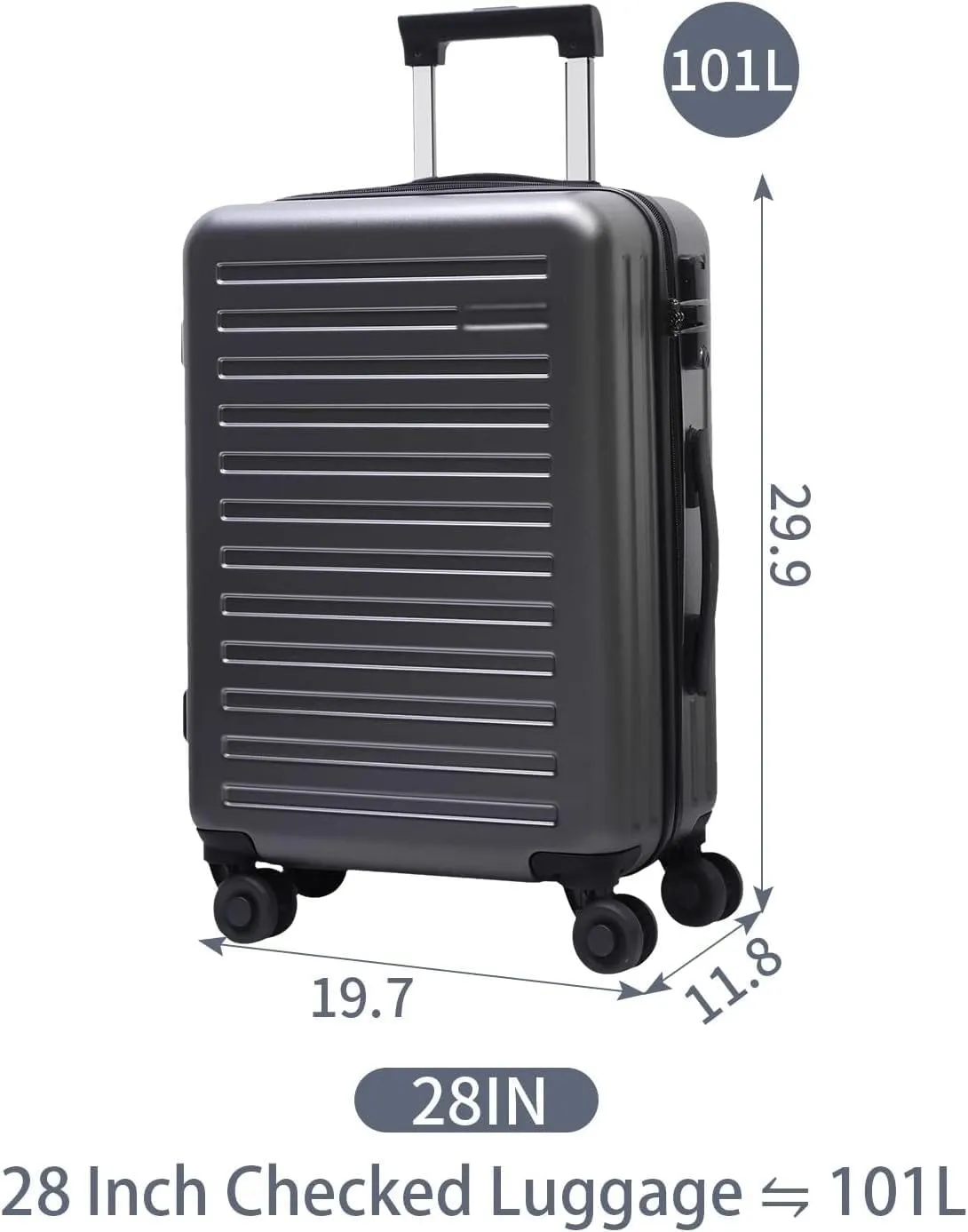28 Inch Checked Luggage, Lightweight ABS PC Hardshell Suitcase with TSA Lock & Spinner Silent Wheels, Large Size with 101L Capacity, Convenient for Trips, Gray