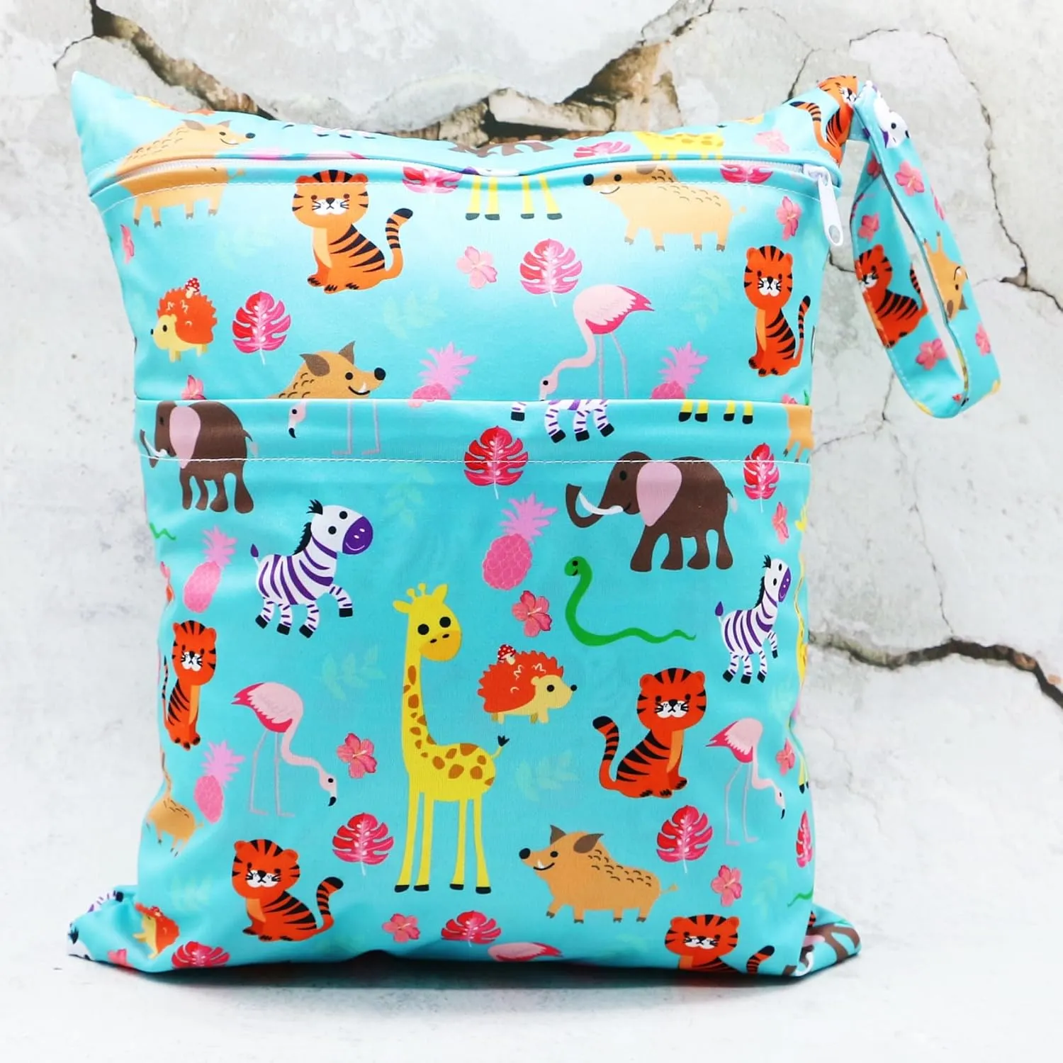 2pcs Cloth Diaper Wet Dry Bags Waterproof Reusable with Two Zippered Pockets Travel Beach Pool Daycare Soiled Baby Items Yoga Gym Bag for Swimsuits or Wet Clothes (3036-2-zoo animals)