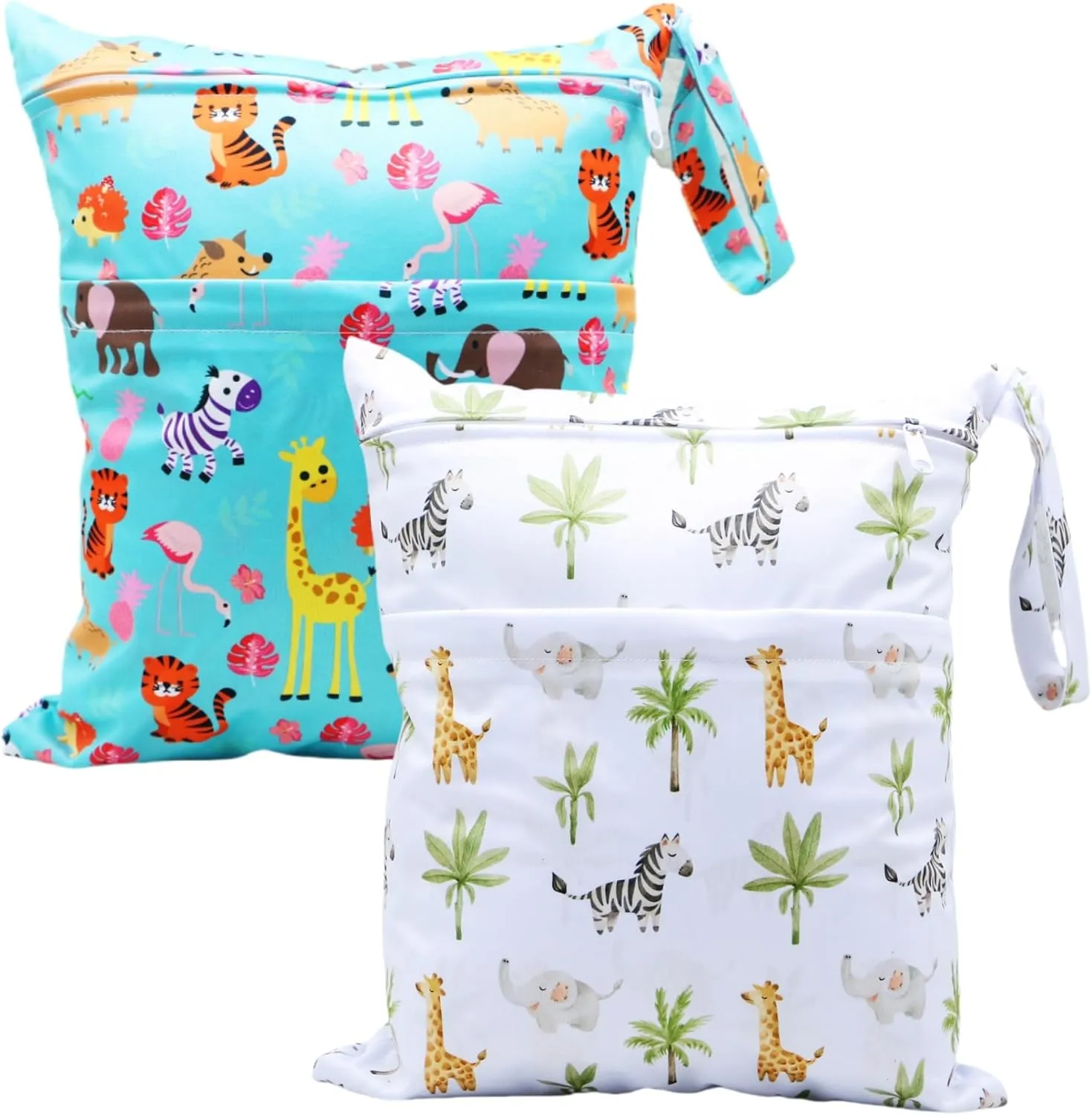 2pcs Cloth Diaper Wet Dry Bags Waterproof Reusable with Two Zippered Pockets Travel Beach Pool Daycare Soiled Baby Items Yoga Gym Bag for Swimsuits or Wet Clothes (3036-2-zoo animals)