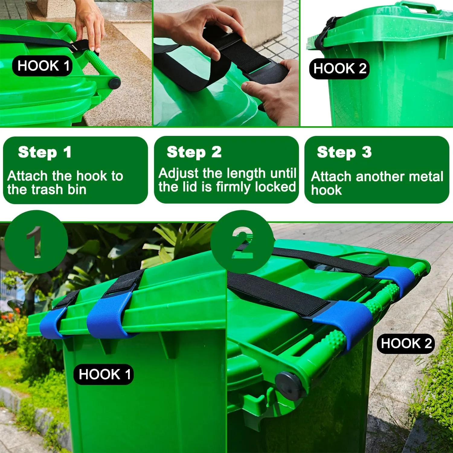 2PCS Metal Double-Claw Trash Can Lock Strap for Animals,Outdoor Racoon Garbage Can Bin Lid Lock Straps Bungee Cord,Trash Can Bin Lid Locks Bungee Cord Outside【Blue Hooks】- Patented Pending