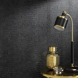39.4 Ft x 17.7'' Crocodile Wallpaper Lavish Black Matte Crocodile Textured Wallpaper Self Removable for Home Decoration Renovation [ Paste the Wall Product ]