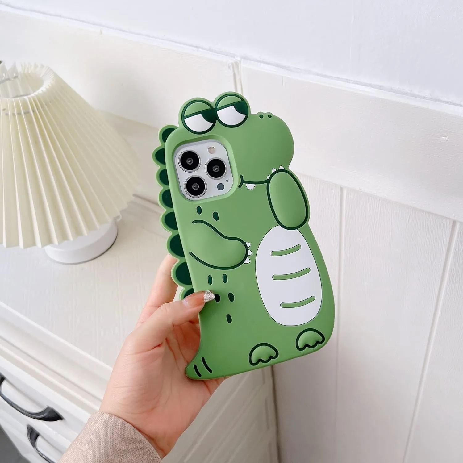 3D Cute Cartoon Kawaii Crocodile Case for iPhone 15 Pro, Green Crocodile Character Soft Silicone Case