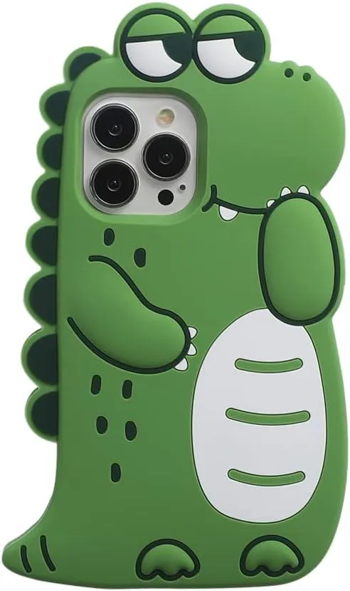 3D Cute Cartoon Kawaii Crocodile Case for iPhone 15 Pro, Green Crocodile Character Soft Silicone Case