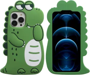 3D Cute Cartoon Kawaii Crocodile Case for iPhone 15 Pro, Green Crocodile Character Soft Silicone Case