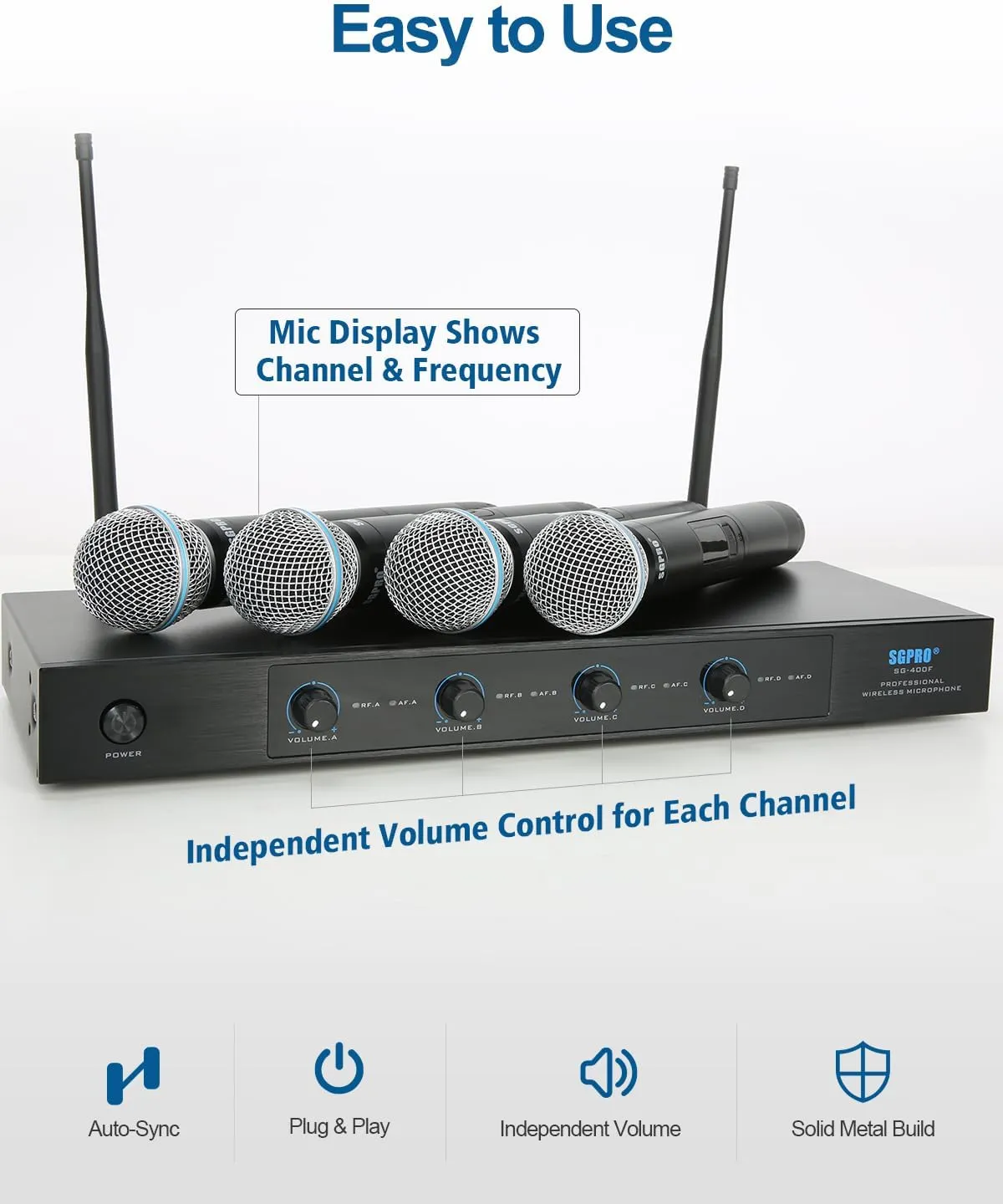 4-Channel Wireless Microphone System - 250Ft Range, Metal Mics & Receiver, Fixed Frequency Cordless Microphones Ideal for Events and Live Performance