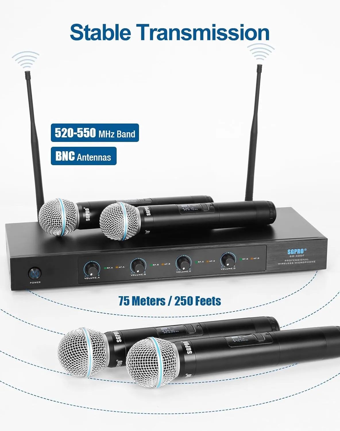 4-Channel Wireless Microphone System - 250Ft Range, Metal Mics & Receiver, Fixed Frequency Cordless Microphones Ideal for Events and Live Performance
