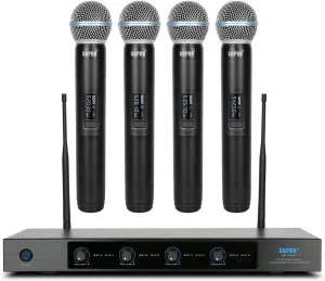 4-Channel Wireless Microphone System - 250Ft Range, Metal Mics & Receiver, Fixed Frequency Cordless Microphones Ideal for Events and Live Performance