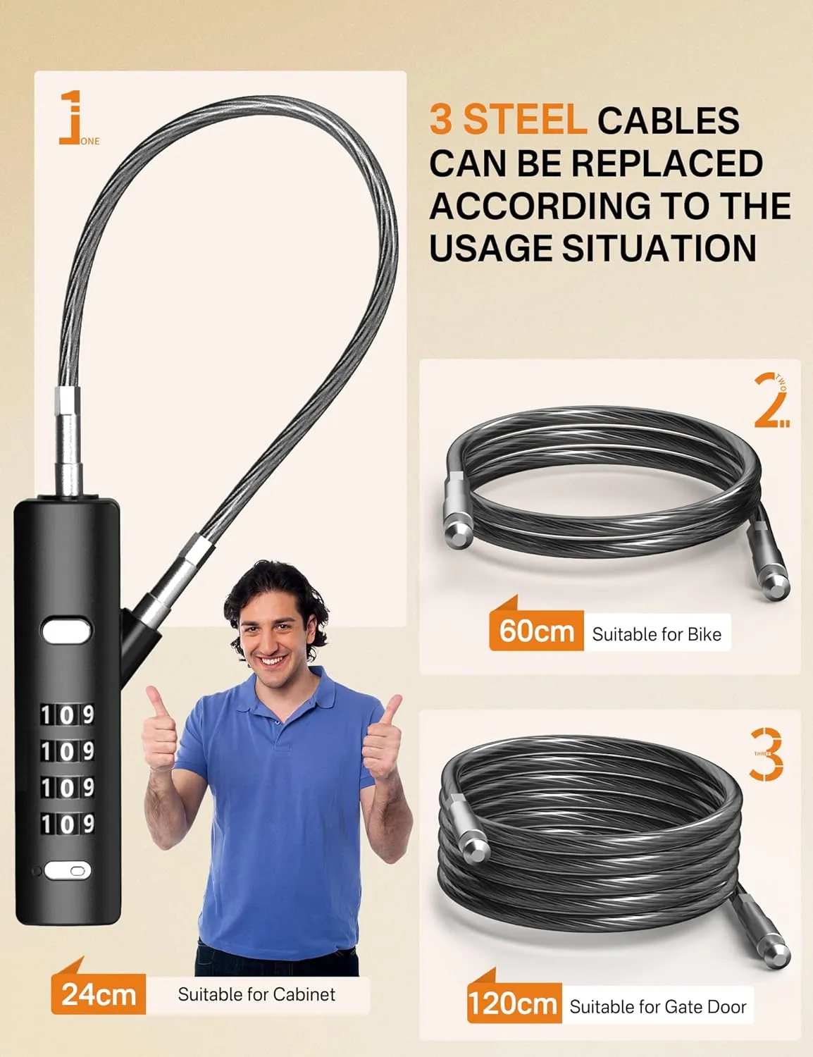 4-Digit Combination Cable Lock with 3 Replaceable Steel Cables (9''/24''/47'') - Keyless Security for Bikes, Doors, Luggage, Fences & Cabinets - Black, 1 Pack