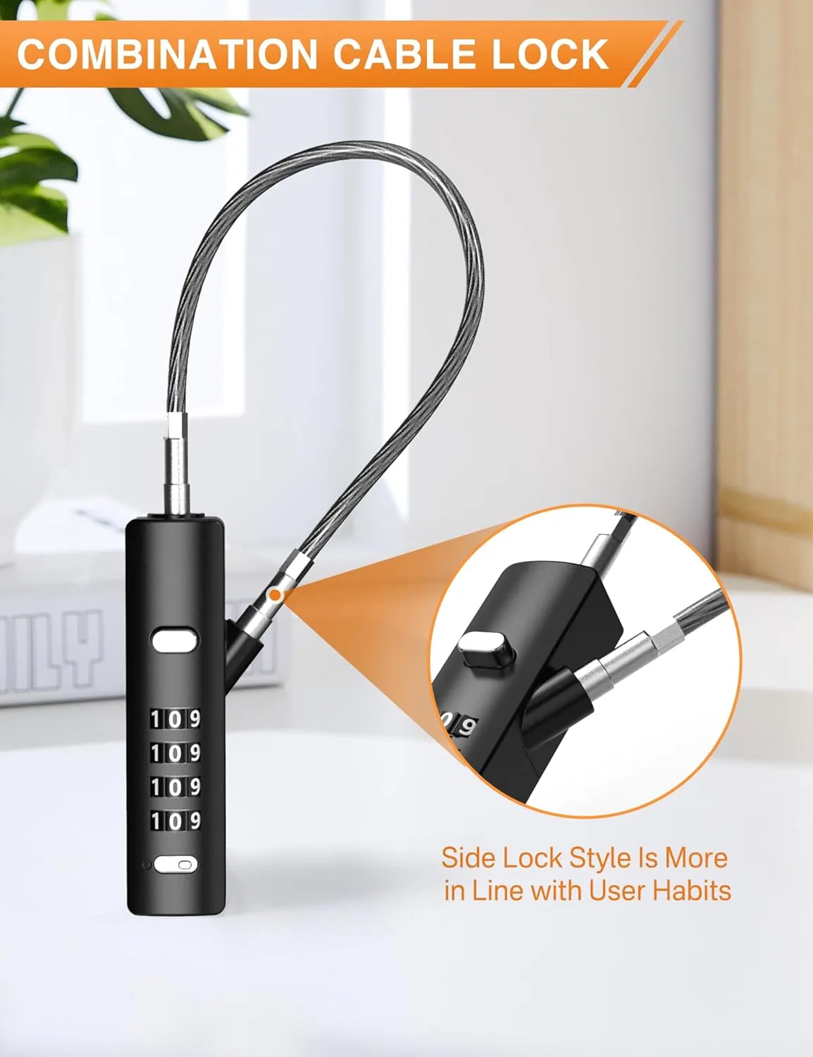 4-Digit Combination Cable Lock with 3 Replaceable Steel Cables (9''/24''/47'') - Keyless Security for Bikes, Doors, Luggage, Fences & Cabinets - Black, 1 Pack