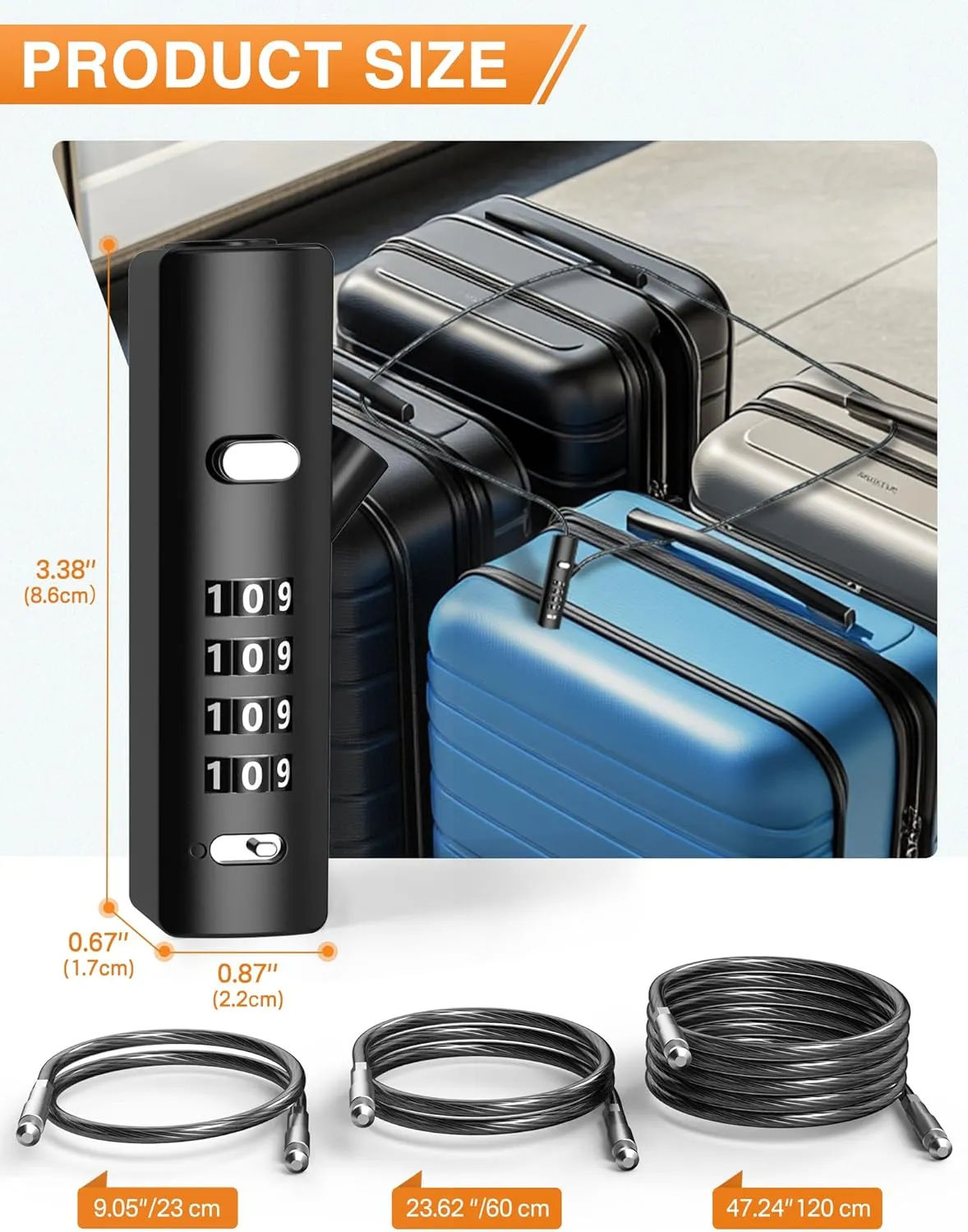 4-Digit Combination Cable Lock with 3 Replaceable Steel Cables (9''/24''/47'') - Keyless Security for Bikes, Doors, Luggage, Fences & Cabinets - Black, 1 Pack