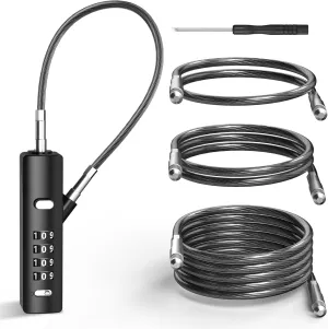4-Digit Combination Cable Lock with 3 Replaceable Steel Cables (9''/24''/47'') - Keyless Security for Bikes, Doors, Luggage, Fences & Cabinets - Black, 1 Pack