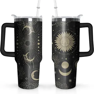 40 oz Sun and Moon Tumbler with Handle and Straw Lid,Leak Proof Travel Stainless Insulated Tumbler,Cup Holder Friendly,Perfect for Outdoor Travel Car and Sports