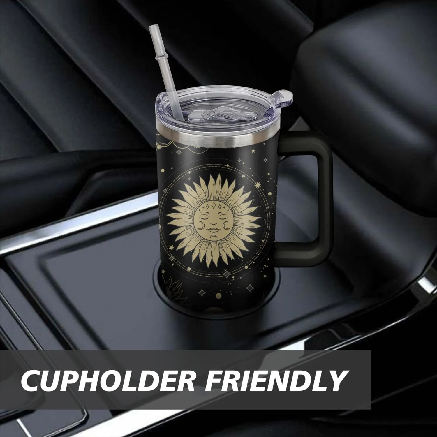 40 oz Sun and Moon Tumbler with Handle and Straw Lid,Leak Proof Travel Stainless Insulated Tumbler,Cup Holder Friendly,Perfect for Outdoor Travel Car and Sports